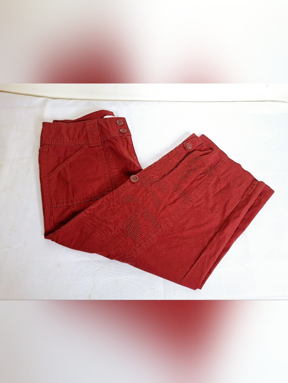 CAbi "Embroidered,Croped,& Cargo" Ajustable Length, 100% Cotton Cargo Pants.